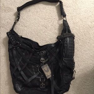 Jungle Tribe Large Black Leather Hobo Bag